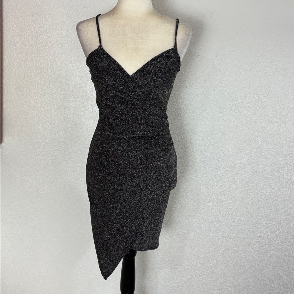 1040  Vntg Black Glitter Asymmetrical Dress. SzS
